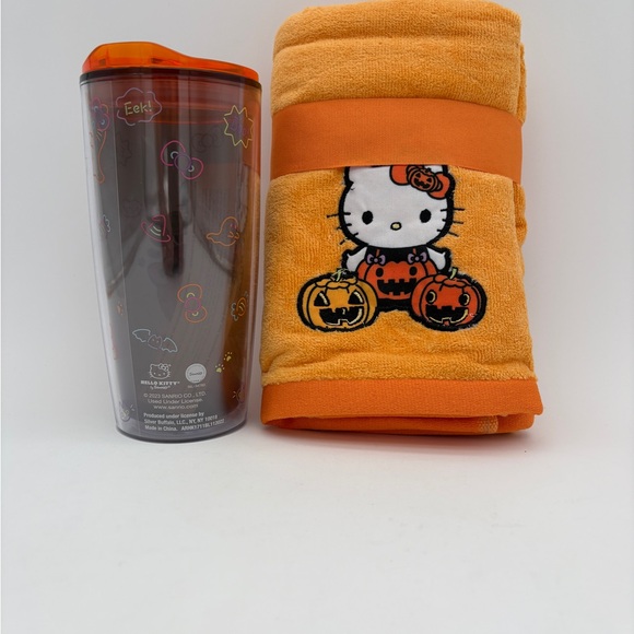 NWOT Hello Kitty Halloween Orange and Black Hand Towels And Water Juice Tumbler - Picture 2 of 4